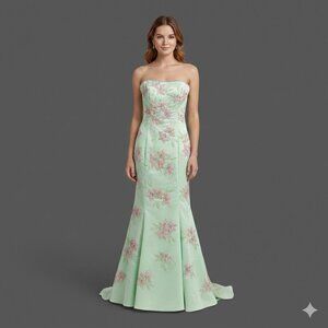 Studio 17 Mint Green Mermaid Cut Dress with Pink Floral Embroidery